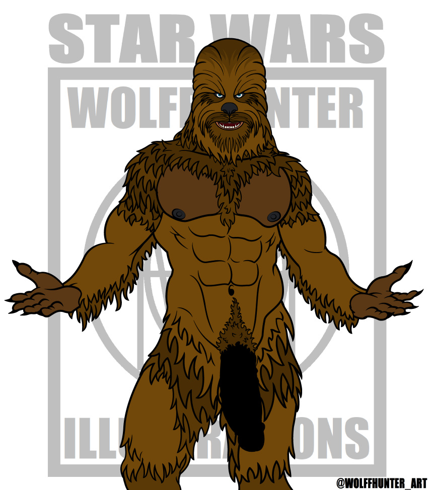 1boy abs balls_outline big_penis black_penis brown_fur cartoony censored_penis chewbacca disney erection facial_hair front_view furry fury male male_nipples male_only male_pubic_hair masculine mature_male muscles muscular_male nude nude_male nudity pecs smile smiling smooth_skinned_male solo standing star_wars veiny_penis white_background wolffhunter_art wookiee