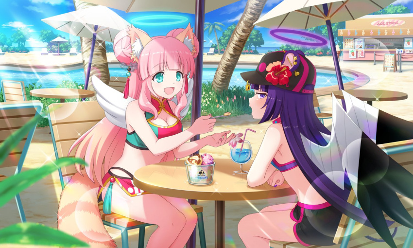 2girls angel_wings beach beach_chair big_breasts bikini bikini_shorts black_wings cocktail drink food halo hi_res ice_cream leppanyo_(show_by_rock!!) official_art pink_hair sanrio shimakk_(show_by_rock!!) show_by_rock!! small_breasts white_wings wings