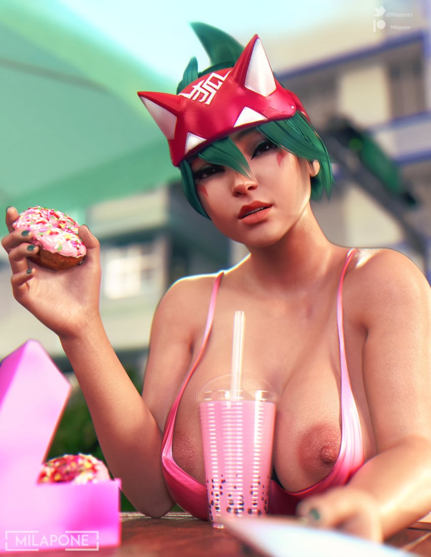 3d big_breasts blizzard_entertainment box_of_donuts donut doughnut dunkin'_donuts exposed_breasts female female_only green_hair kiriko_(overwatch) milapone overwatch overwatch_2 wolf_ears