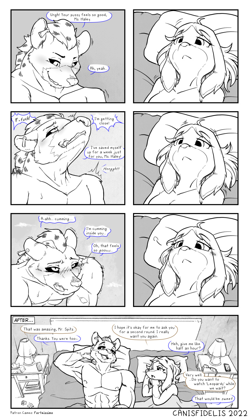 1boy 1boy1girl 1girls 2022 absurd_res after_sex announcing_orgasm anthro anthro_on_anthro anthro_only bed bedding black_sclera blanket blush canid canine canis canisfidelis cellphone comedy comic dialogue domestic_dog duo ear_piercing english_text expresionless_sex expressionless expressionless_face eyebrow_through_hair eyebrows eyewear female floppy_ears funny furniture furry furry_only glasses hair hi_res high-angle_view humor hyaenid inside looking_at_another looking_at_partner looking_down looking_pleasured looking_up lying male male/female mammal mane monochrome ms._haley_(canisfidelis) muscular muscular_male nipples no_humans nude on_back on_bed on_side open_mouth phone piercing pillow porn_dialogue sex simple_background smile solo speech_bubble teeth text tongue translucent translucent_hair