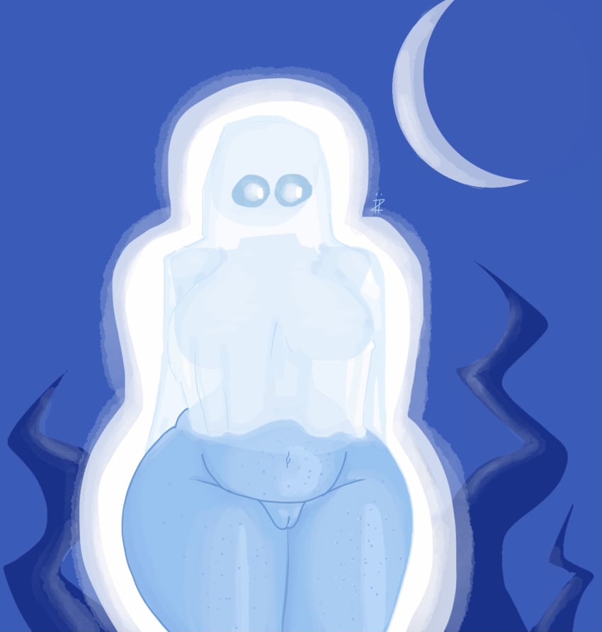 1girls arms_behind_back bedsheet_ghost big_breasts bottomless female ghost ghost_girl halloween margret_(sspaziim) nipples_visible_through_clothing pussy sspaziim thick_thighs wide_hips