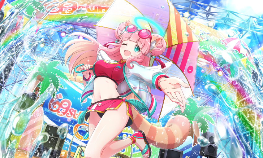 1girls angel_wings beach bikini blue_eyes halo leppanyo_(show_by_rock!!) navel official_art pink_hair sandals sanrio show_by_rock!! splashing transparent_clothing umbrella wink winking