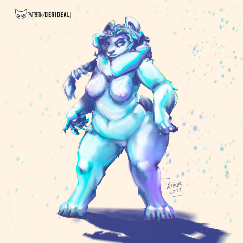 anthro black_nose blue_eyes breasts claws claws_out colored digital_drawing_(artwork) digital_media_(artwork) ears_up english_text female genitals hair hi_res icon kiaun mammal pawpads polar_bear ponytail pussy shaded shadow signature simple_background snow solo symbol text url ursid ursine white_body