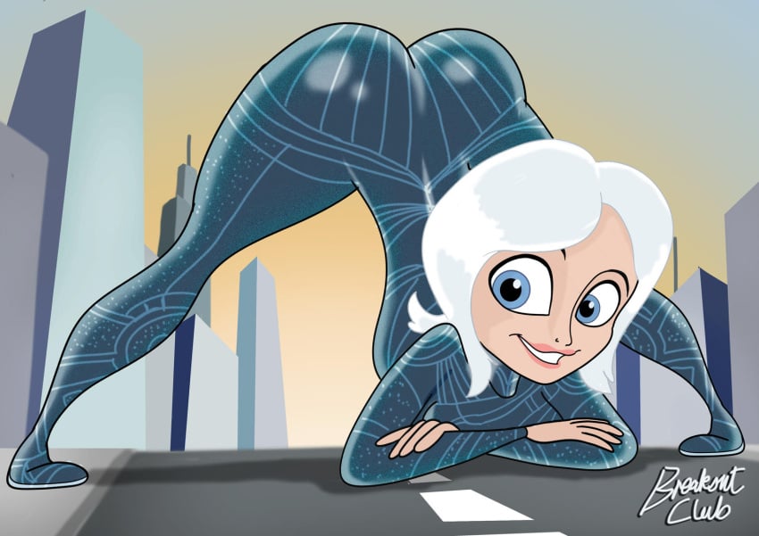 1girls artist_name artist_signature ass ass_up blue_eyes bodysuit breakout_club city city_background dat_ass deviantart dreamworks female fully_clothed giantess ginormica head_down_ass_up jack-o_pose legs legs_apart meme monsters_vs_aliens skintight_bodysuit smile susan_murphy thick_thighs thighs top-down_bottom-up white_hair wide_hips