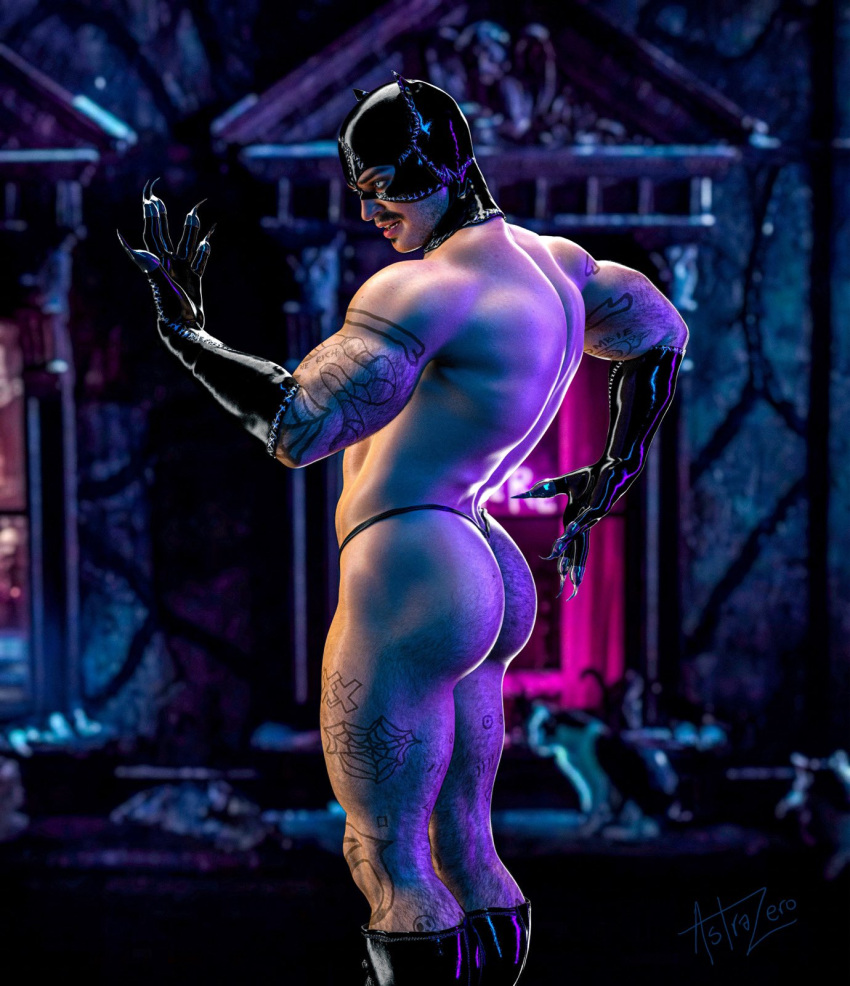 1boy 3d 3d_(artwork) ass astra_zero back_muscles batman_(series) batman_returns butt catwoman catwoman_(michelle_pfeiffer) dc dc_comics gender_transformation genderbend genderswap genderswap_(ftm) gloves male male_only masked muscles muscular muscular_male rule_63 selina_kyle solo tattoos thong