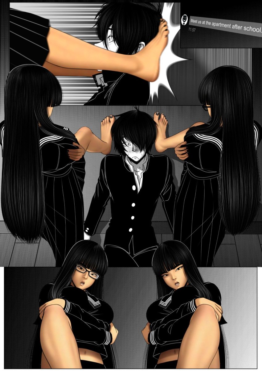 2girls asian asian_female barefoot black_hair black_nails crossed_arms feet female female_only glasses kidetic kusujinn looking_at_viewer oc original_character school_uniform tagme tied_to_twins