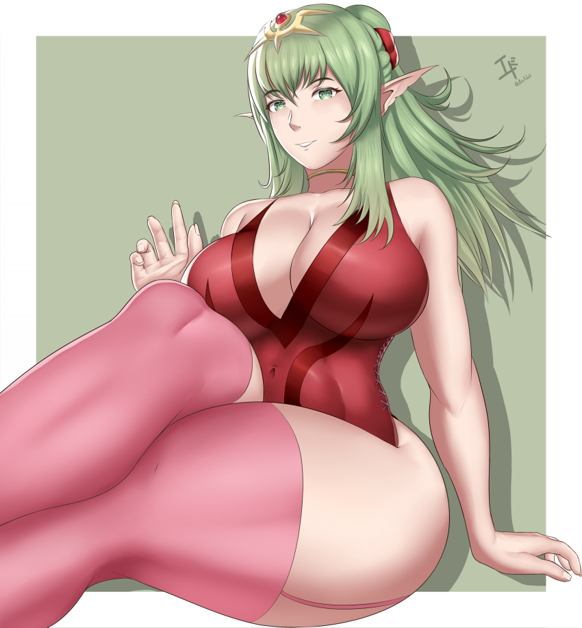 1girls absurdres arcedo bangs big_breasts breasts choker cleavage covered_navel dragon_ears dragon_girl dress feet_out_of_frame fire_emblem fire_emblem_awakening from_below green_eyes green_hair hair_tie hand_up higher_resolution_duplicate highres large_breasts long_sleeves looking_at_viewer nintendo parted_lips pointy_ears red_dress red_ribbon ribbon shadow simple_background sitting smile solo teeth thick_thighs thighhighs thighs tiara tight_clothing tiki_(adult)_(fire_emblem) tiki_(fire_emblem) watermark