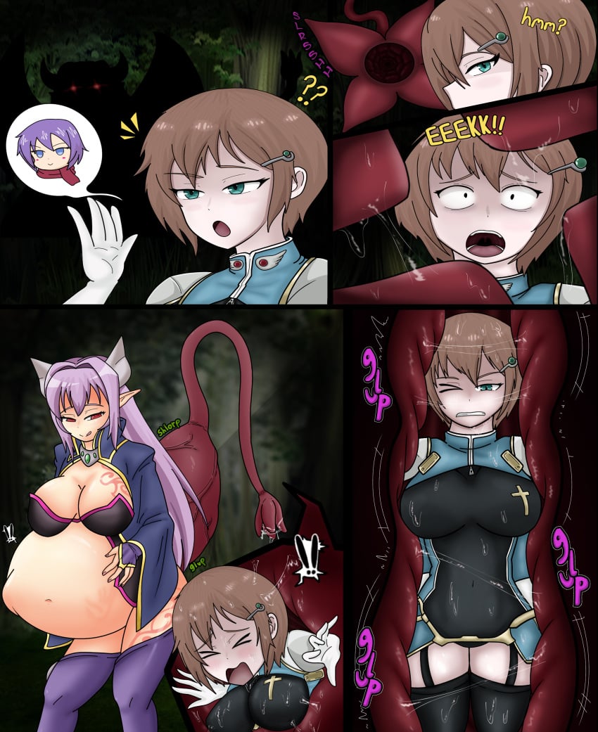 2girls1boy alma_elma bat_wings big_belly big_breasts blue_hair brown_hair cleavage female female_focus hand_imprint horns implied_vore inside_view licking_lips long_hair luka_(mon-musu_quest!) male mon-musu_quest! mon-musu_quest:_paradox monster_girl monster_girl_quest monster_girl_quest_paradox open_jacket post_vore purple_hair red_eyes short_hair sonya_(mon-musu_quest!) sovinski stomach_bulge succubus swallowed_whole swallowing tail_vore voluptuous vore