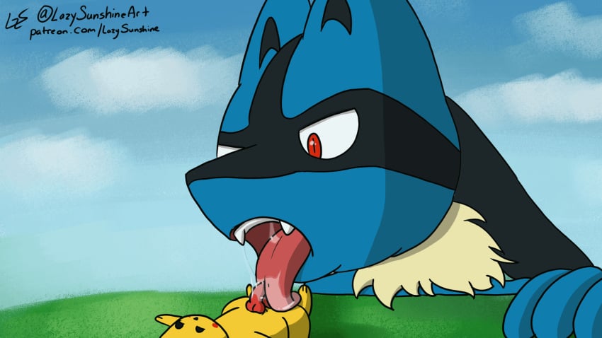 16:9 ambiguous_gender animated anthro blinking blue_body blue_fur bodily_fluids breath breath_cloud cliff cloud drooling duo excessive_saliva fur generation_1_pokemon generation_4_pokemon genitals grass hi_res lazy_sunshine licking long_tongue looking_down looking_pleasured loop lucario macro male male/ambiguous markings nintendo open_mouth oral oral_penetration outside outside_sex oversized_fellatio oversized_oral penetration penile penis penis_lick penis_on_tongue pikachu plant pokemon pokemon_(species) red_eyes saliva sex sharp_teeth short_playtime signature size_difference sky teeth tongue tongue_out tuft video_games widescreen yellow_body yellow_fur