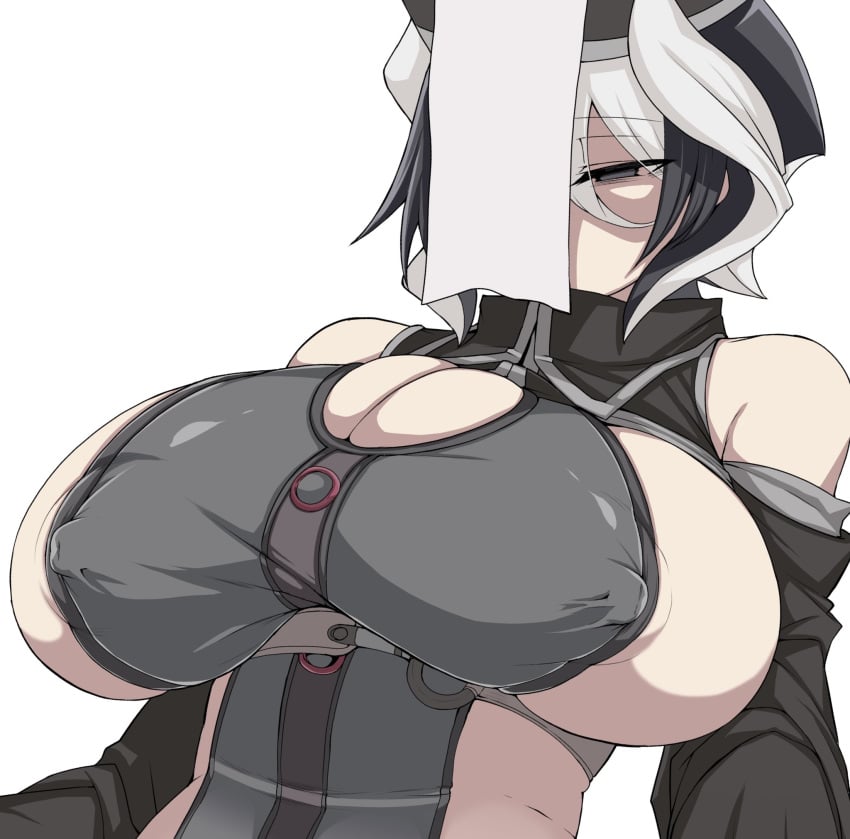 areola_slip bare_shoulders big_breasts black_and_white_hair black_eyes black_hair breast_squish bursting_breasts cleavage cleavage_cutout enormous_breasts female female_only half-closed_eyes huge_breasts jiangshi made_in_abyss nipple_bulge ozen pale-skinned_female pale_skin short_hair sideboob solo two_tone_hair upper_body wip yaguchiyuki