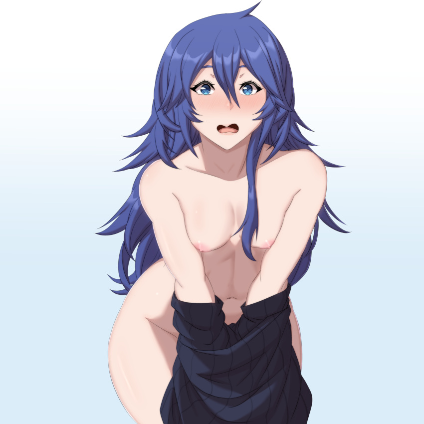 1girls blue_eyes blue_hair blush fire_emblem fire_emblem_awakening functionally_nude hi_res high_resolution highres long_hair looking_at_viewer lucina_(fire_emblem) nintendo nipples open_mouth small_breasts solo undressing wide_hips zerocgm