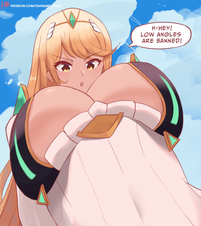 1girls big_breasts blonde_hair daymandraws english_text from_below looking_down low-angle_view mythra mythra_(xenoblade) nintendo solo_female speech_bubble text underboob xenoblade_(series) xenoblade_chronicles_2 yellow_eyes