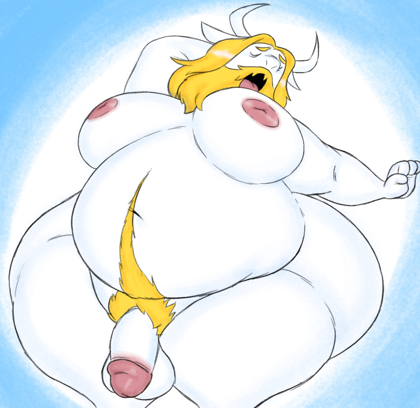 1boy 2d anthro asgore_dreemurr balls bara big_ass big_moobs blonde_hair dad_bod deltarune facial_hair fat fat_ass filthyopossum furry gay goat goat_horns hairy horns male male_only muscles obese obese_male overweight overweight_male penis solo solo_male undertale undertale_(series) white_fur