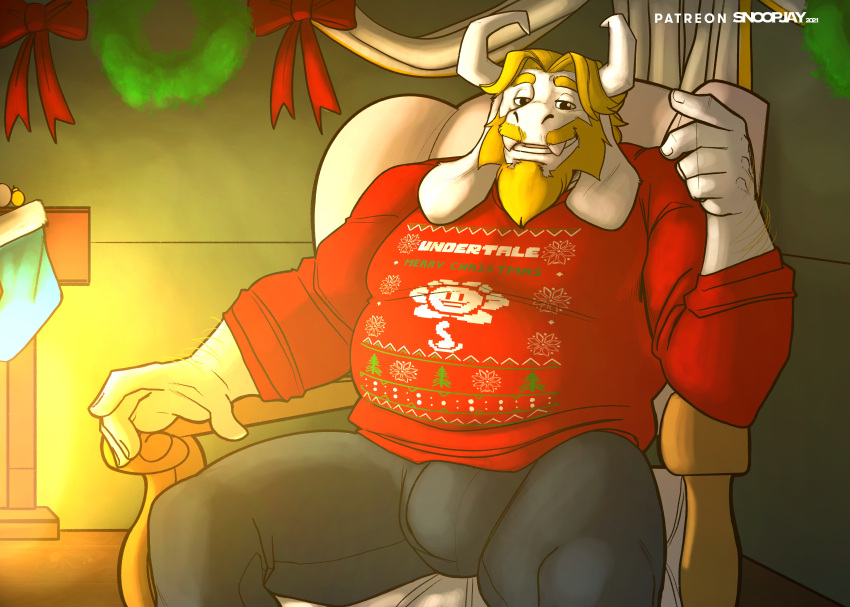 1boy 2d anthro asgore_dreemurr bara blonde_hair bulge christmas dad_bod deltarune facial_hair flowey_the_flower fully_clothed furry gay goat goat_horns hairy horns male male_only muscles overweight overweight_male snoopjay2 solo solo_male sweater undertale undertale_(series) white_fur