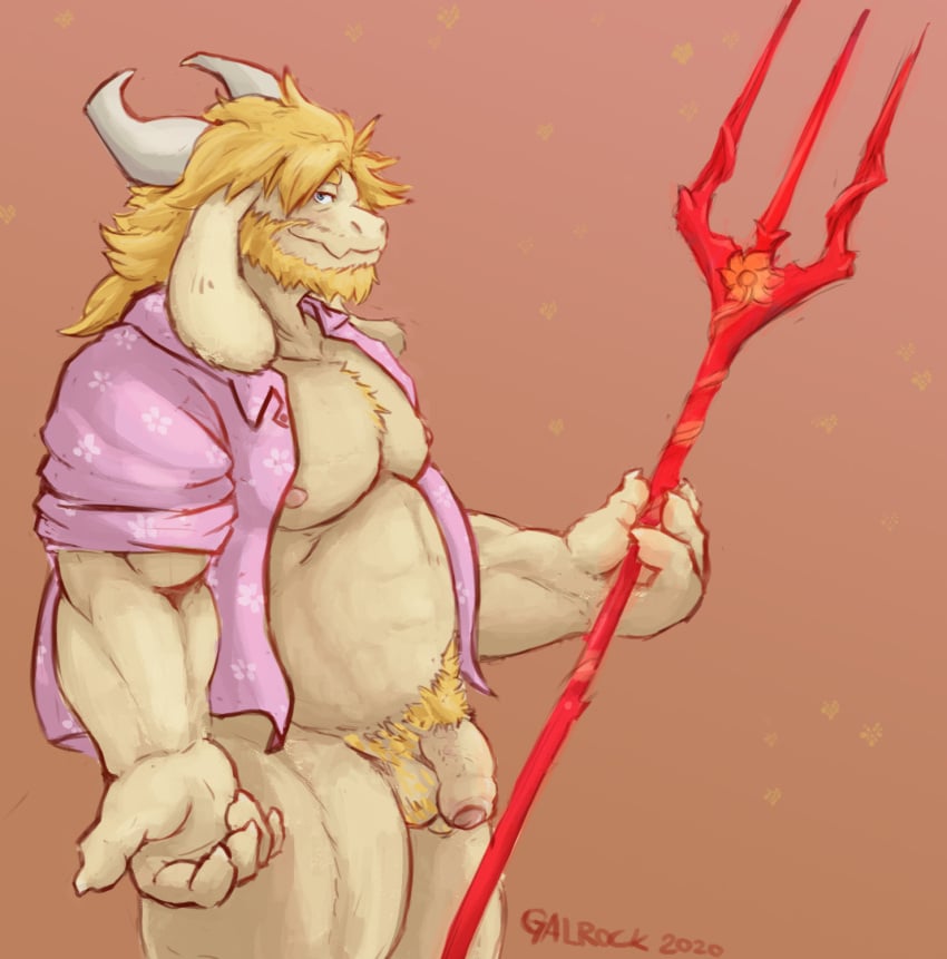 1boy 2d anthro asgore_dreemurr balls bara blonde_hair body_hair chest_hair dad_bod deltarune facial_hair furry galrock gay goat goat_horns hairy horns male male_only muscles musk overweight overweight_male pantsless penis pubes pubic_hair solo solo_male trident unbuttoned_shirt undertale undertale_(series) white_fur