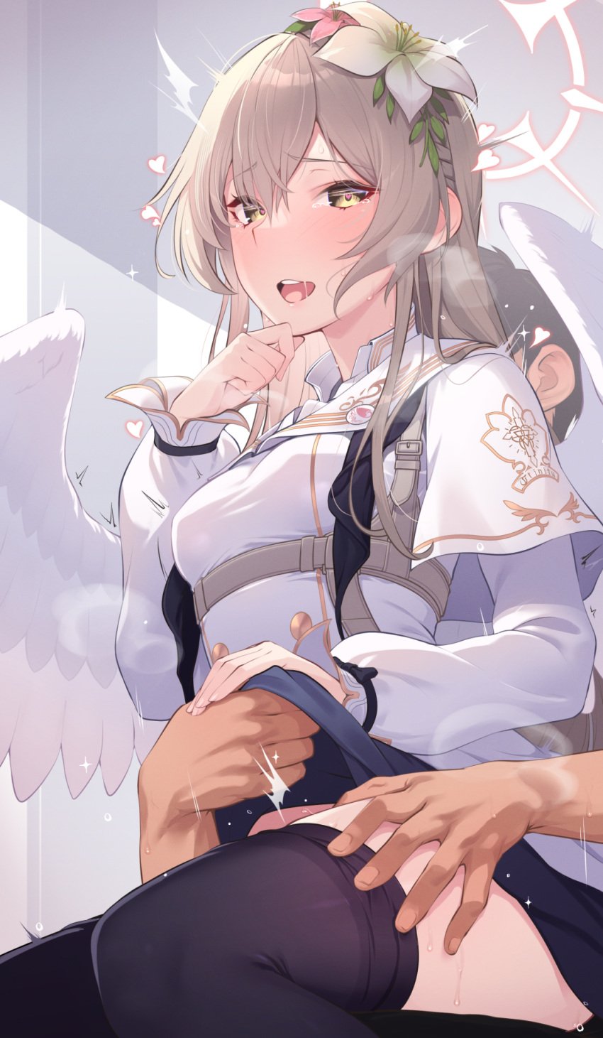 1boy black_pantyhose blue_archive capelet clothed_sex clothes_lift clothes_pull dress dress_lift feathered_wings female flower hair_between_eyes hair_flower hair_ornament halo heart heart_in_eye highres hikichi_sakuya implied_sex lifted_by_another light_brown_hair long_hair long_sleeves looking_at_viewer nagisa_(blue_archive) open_mouth pantyhose pantyhose_pull solo_focus straight symbol_in_eye tea_party_(blue_archive) teeth trinity_general_school_student upper_teeth white_capelet white_dress white_wings wings yellow_eyes