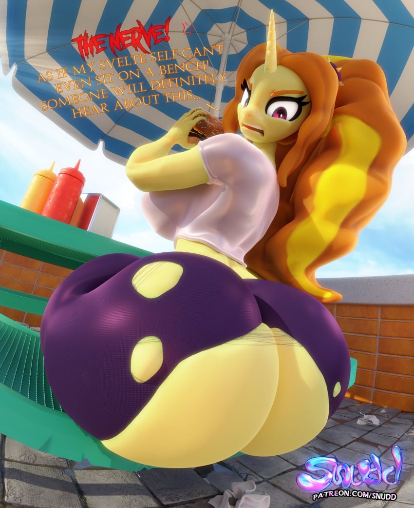 1girls 3d 3d_(artwork) adagio_dazzle angry anthro ass bench big_breasts bubble_butt burger dat_ass dumptruck_ass equestria_girls equid equine female female_only friendship_is_magic hasbro huge_ass huge_butt long_hair my_little_pony no_panties outdoors outside pants ponification ponified pony ripped_clothes ripped_clothing ripped_pants sitting snuddy solo solo_female text unicorn