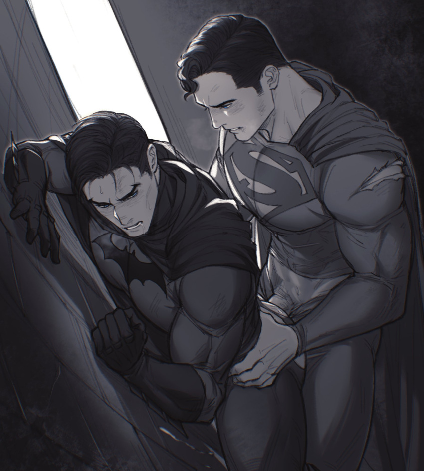 2boys against_wall anal ass bara batman batman_(series) blush bodysuit bruce_wayne cape clark_kent clothed_sex couple dc_comics erection gloves highres large_pectorals looking_at_another male_focus multiple_boys muscular muscular_male pectorals penis sex sex_from_behind short_hair superman superman_(series) torn_bodysuit torn_clothes xuanmai_alter yaoi