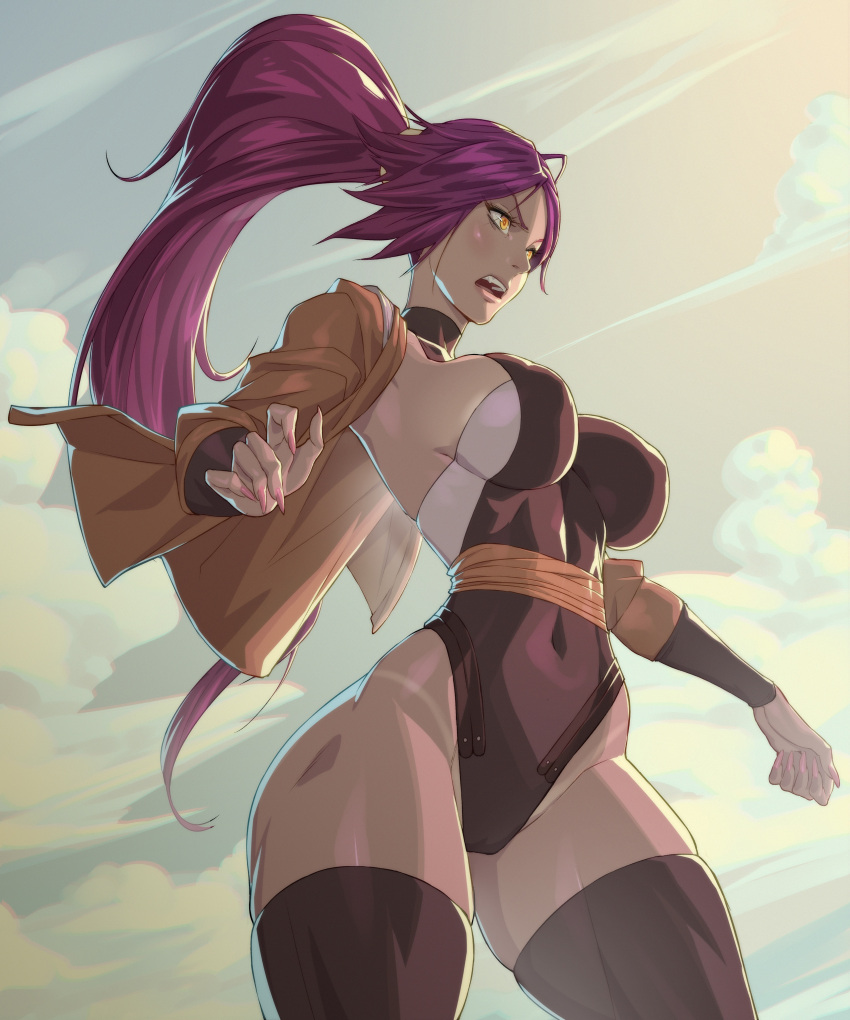 1girls alternate_version_available arttoru bleach dark-skinned_female dark_skin female female_only hourglass_figure large_breasts long_hair purple_hair shihouin_yoruichi solo tanlines thick_thighs thighhighs tight_clothing