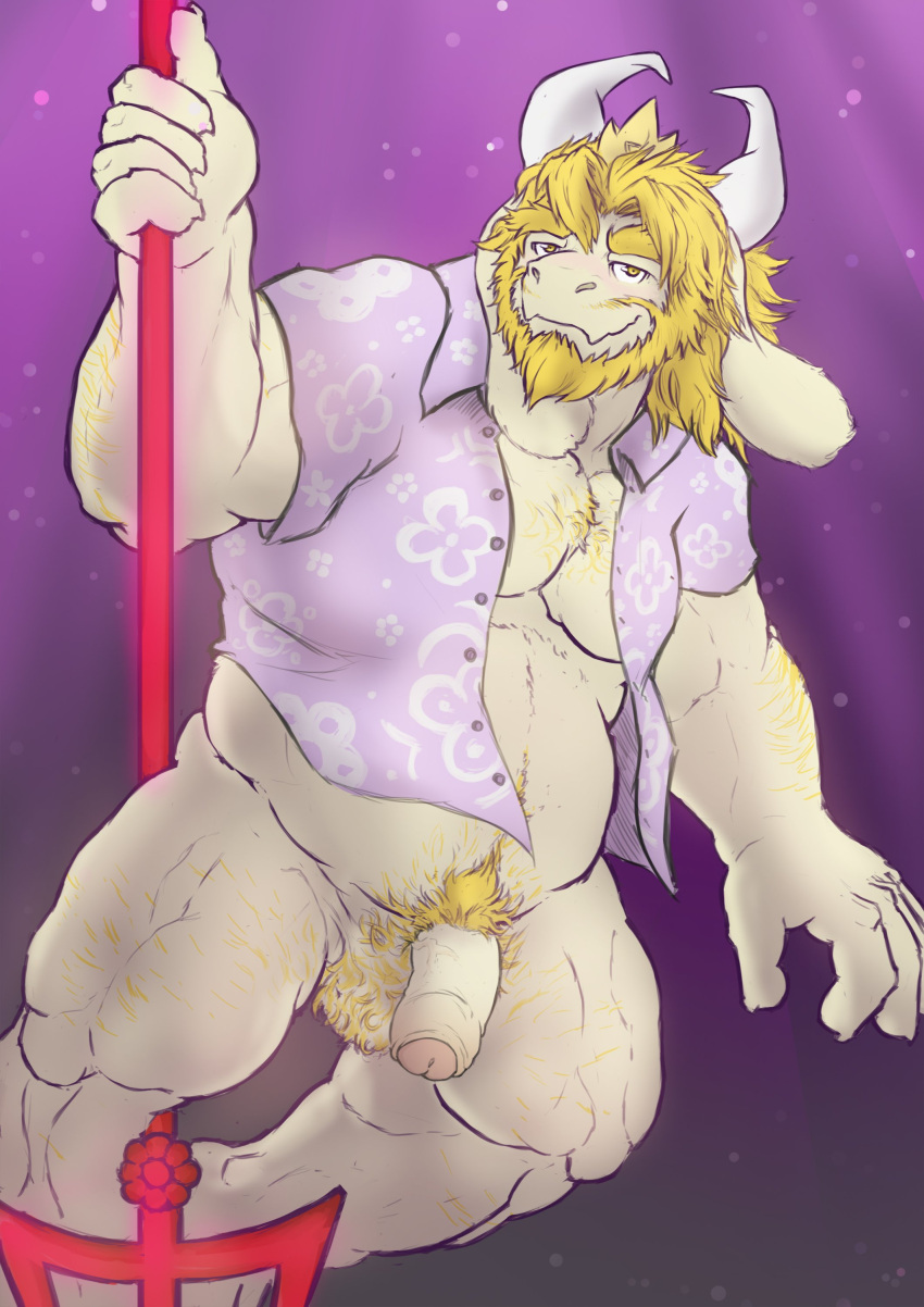 1boy 2d anthro asgore_dreemurr balls bara blonde_hair body_hair chest_hair dad_bod deltarune facial_hair furry galrock gay goat goat_horns hairy horns male male_only muscles musk overweight overweight_male pantsless penis pubes pubic_hair solo solo_male trident unbuttoned_shirt undertale undertale_(series) white_fur