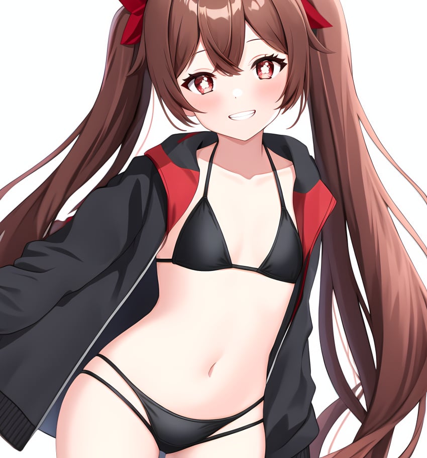 1girls ai_generated bangs bikini bikini_bottom bikini_top black_bikini black_bra black_panties brown_hair female flat_chest flower_shaped_pupils genshin_impact grin hu_tao_(genshin_impact) jacket looking_at_viewer nai_diffusion navel open_jacket red_eyes righres self_exposure simple_background solo solo_female stable_diffusion stlow7 string_bikini symbol-shaped_pupils twintails white_background