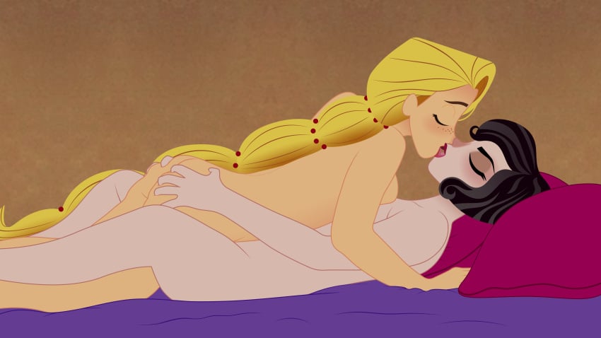 2girls black_hair blonde_hair breast_press cassandra_(tangled) disney disney_channel disney_princess eyes_closed french_kiss grabbing_ass kissing laying_on_bed long_hair mehefin013 missionary_tribadism multiple_girls nude nude_female rapunzel self_upload tangled tangled:_the_series tribadism yuri