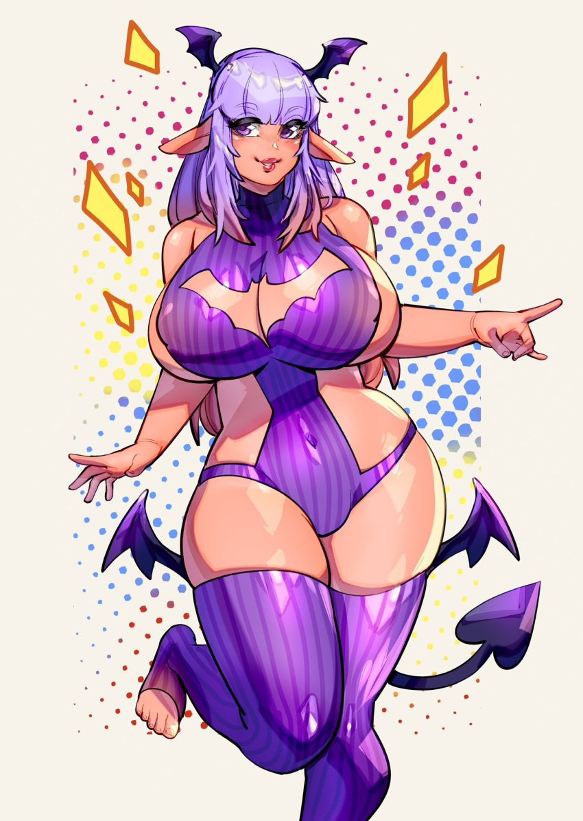 bangs big_breasts bodysuit breasts head_wings large_breasts open_toe_socks pointy_ears purple_hair shortstack stella_(zharxart) succubus tanned tanned_female tanned_skin thick_thighs toes xdtopsu01