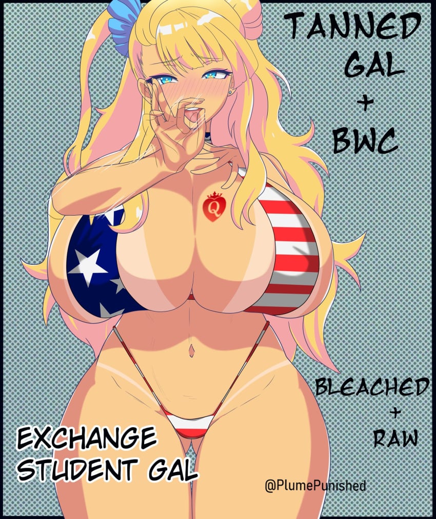 1girls american_flag_bikini ass_visible_through_thighs asymmetrical_hair belly_button bikini bleached blonde_hair blowjob_gesture blue_eyes blush_lines blushing female galko huge_breasts large_breasts light-skinned_female oshiete!_galko-chan punishedplume queen_of_hearts raceplay solo tanline tanned_female tanned_skin tattoo thick_thighs thigh_gap wide_hips