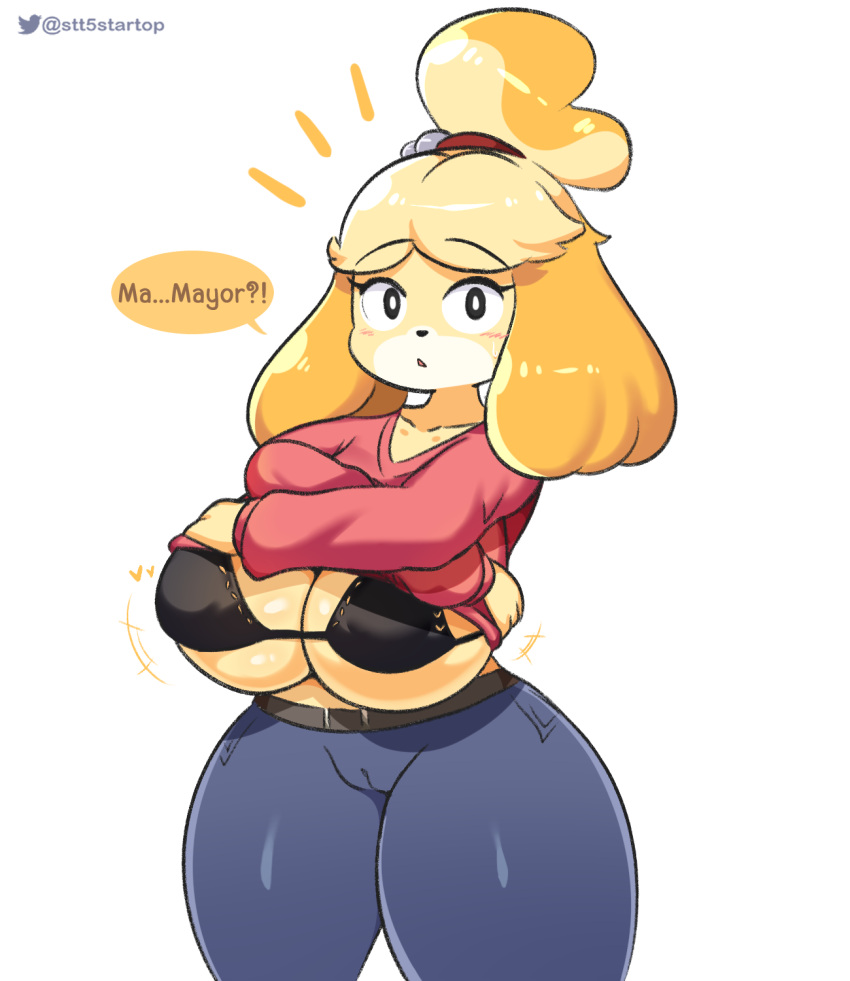 2d alternate_body_type alternate_breast_size animal_crossing anthro big_breasts blush breasts female isabelle_(animal_crossing) mammal nintendo office_lady speech_bubble startop taking_clothes_off text watermark