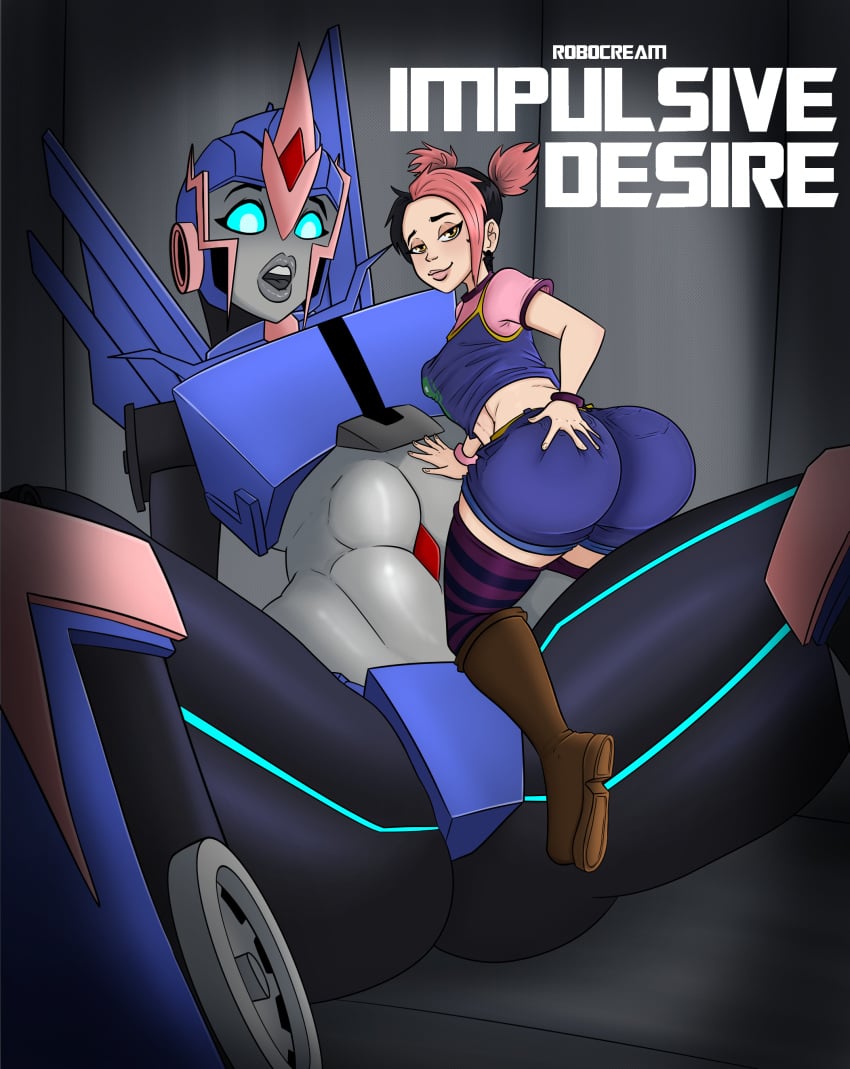 2girls arcee arcee_(prime) ass ass_grab big_ass big_butt big_penis breasts clothed clothing comic_cover duo female female_only fully_clothed human humanoid light-skinned_female light_skin looking_at_viewer miko_nakadai open_legs robocream robot robot_girl text transformers transformers_prime