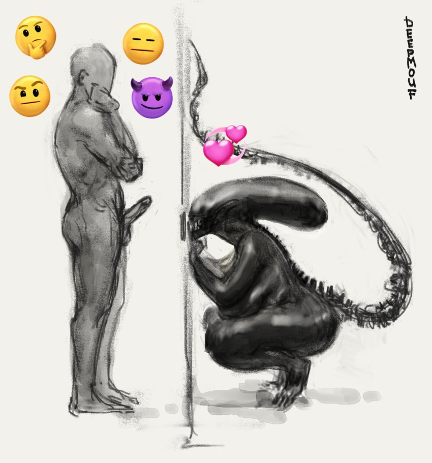 1boy 1girls 2022 alien alien_(franchise) alien_girl anon big_ass big_breasts contemplating deepmouf female female_xenomorph glory_hole male nightmare_waifu tail thinking xenomorph