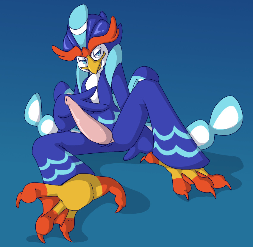 beak dragunsnack feet genitals hi_res leaked_pokemon lidded_eyes looking_at_viewer male membrane_(anatomy) nintendo penis pokemon pokemon_(species) pokemon_sv quaquaval simple_background smile solo tapering_penis video_games webbed_feet