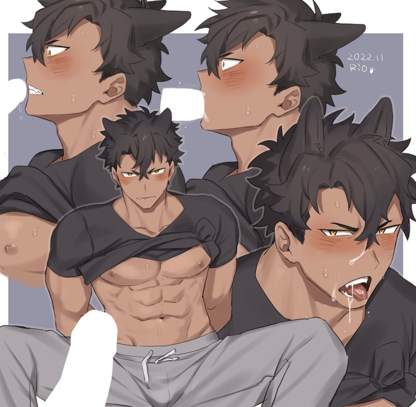 2boys abs after_fellatio animal_ears bangs bara bare_pectorals black_hair black_shirt blush brown_eyes closed_mouth clothes_lift cum cum_on_boy dark-skinned_male dark_skin dog_boy dog_ears dog_tail erection facial fellatio grey_pants hands_in_pockets highres large_pectorals male_focus multiple_boys multiple_views muscular muscular_male navel nipples open_mouth oral original pants pectorals penis rio_mukiniki shirt shirt_lift short_hair solo_focus tail teeth tongue tongue_out yaoi