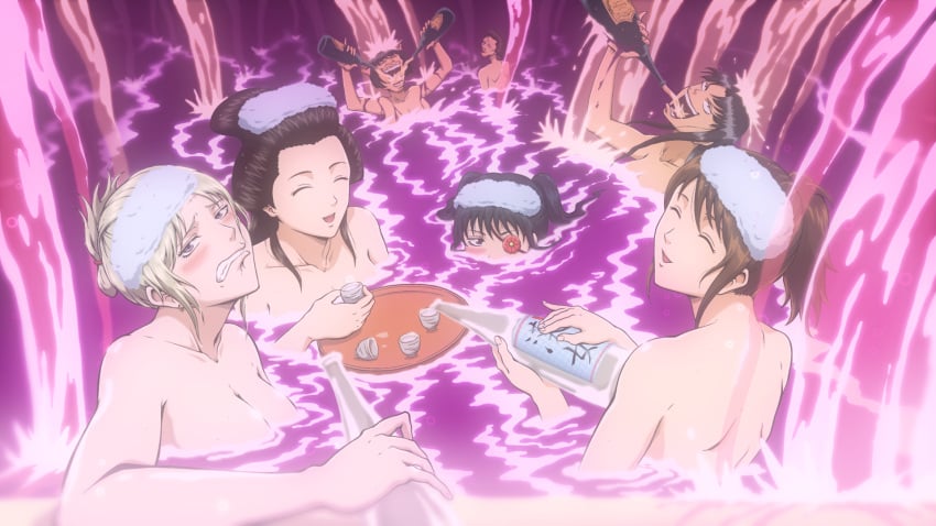 7girls accurate_art_style alcohol ane_(gintama) bath bathing big_breasts black_hair blonde_hair blush brown_hair catherine_(gintama) cleavage clenched_teeth drinking drunk eye_patch female female_only first_porn_of_character gintama hinowa long_hair looking_at_viewer multiple_girls nude onsen otose ponytail sake shimada_hairstyle shimura_tae smile tied_hair towel_on_head tsukuyo water yagyuu_kyuubei