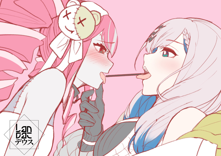 2girls blush drill_hair female female_only hololive hololive_indonesia hololive_indonesia_holoro kureiji_ollie landacdeus leash leash_and_collar long_hair looking_at_partner pavolia_reine pocky pocky_game tongue_out virtual_youtuber yuri