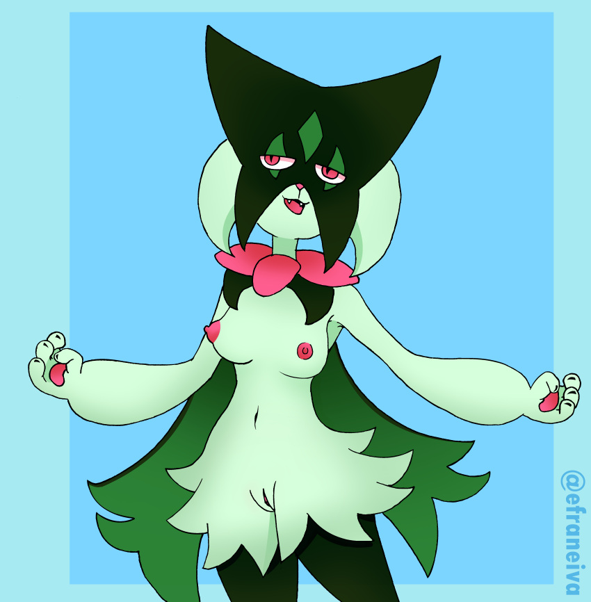 absurd_res anthro areola breasts cape cheek_tuft claws clothing digital_drawing_(artwork) digital_media_(artwork) efradraws facial_tuft felid female flower fur genitals green_body green_fur green_hair hair hi_res hip_tuft mammal medium_breasts meowscarada navel nintendo nipples nude pink_areola pink_nipples plant pokemon pokemon_(species) pokemon_sv pussy solo spread_arms tuft video_games