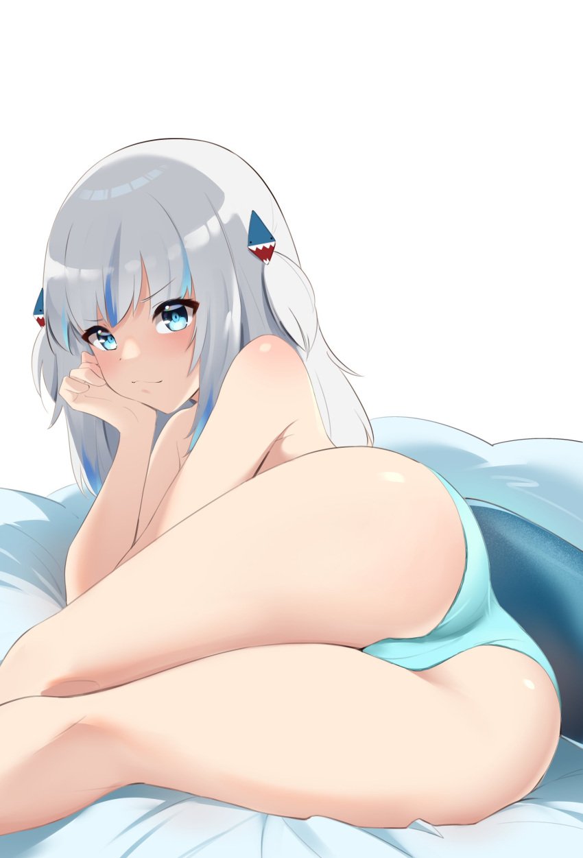 1girls ass blue_eyes butt eyebrows_visible_through_hair female gawr_gura hololive hololive_english hololive_myth light-skinned_female light_skin panties shark_girl shark_hair_ornament shark_tail solo solo_female virtual_youtuber white_hair yuyu5x