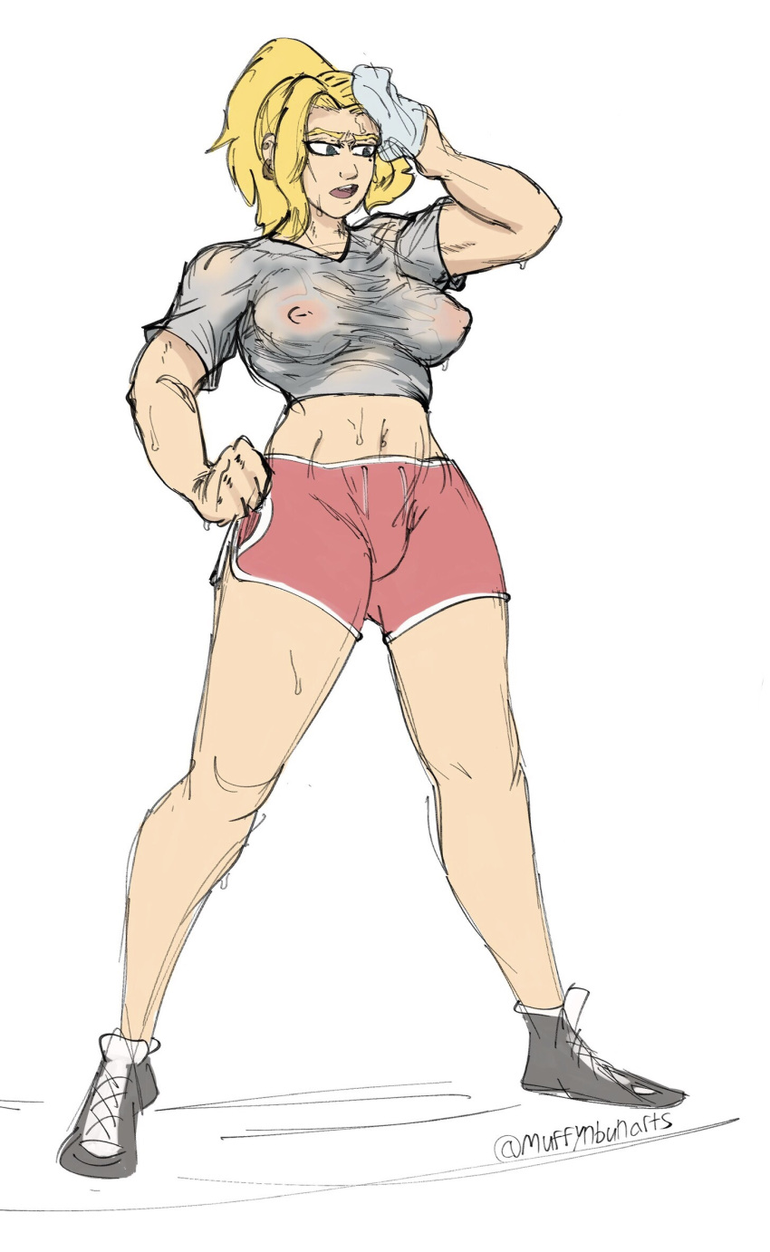 amphibia athletic_female blonde_hair disney disney_channel disney_xd edit female_only medium_breasts muffynbunarts muscular_female nipples no_bra rough_sketch sasha_waybright see-through_clothing straight_hair sweat tagme third-party_edit