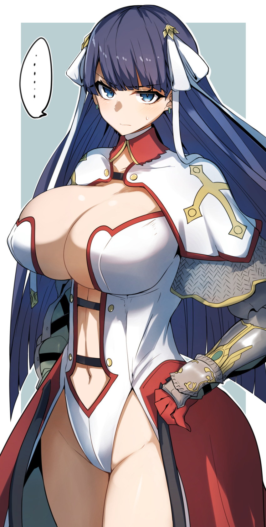 1girls armor belly belly_button big_breasts blue_eyes blush blush_lines blushing blushing_at_viewer breasts capelet center_opening cleavage closed_mouth cowboy_shot earrings embarrassed fate/grand_order fate_(series) female female_focus female_only gin_moku glaring gloves grey_background groin hair_ribbon handwear hi_res high_resolution highres jewelry large_breasts leotard light-skinned_female light_skin looking_at_viewer navel only_female purple_hair red_gloves ribbon saint_martha shiny shiny_hair shiny_skin simple_background solo solo_female solo_focus spoken_ellipsis standing stomach straight_hair sweat sweatdrop sweating sweaty thighs v-shaped_eyebrows waist_cape white_capelet white_leotard white_ribbon