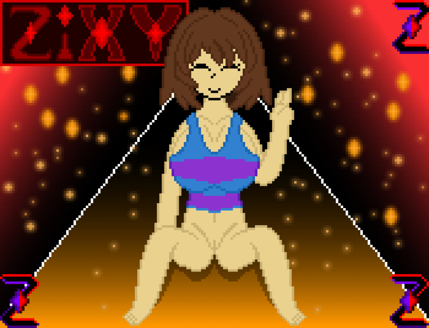 1girls 2d big_breasts bottomless female female_only frisk human human_female human_only legs_spread pixel_art pussy self_upload smile smiling solo solo_female spread_legs tank_top tank_top_only tanktop undertale undertale_(series) v_sign zixy