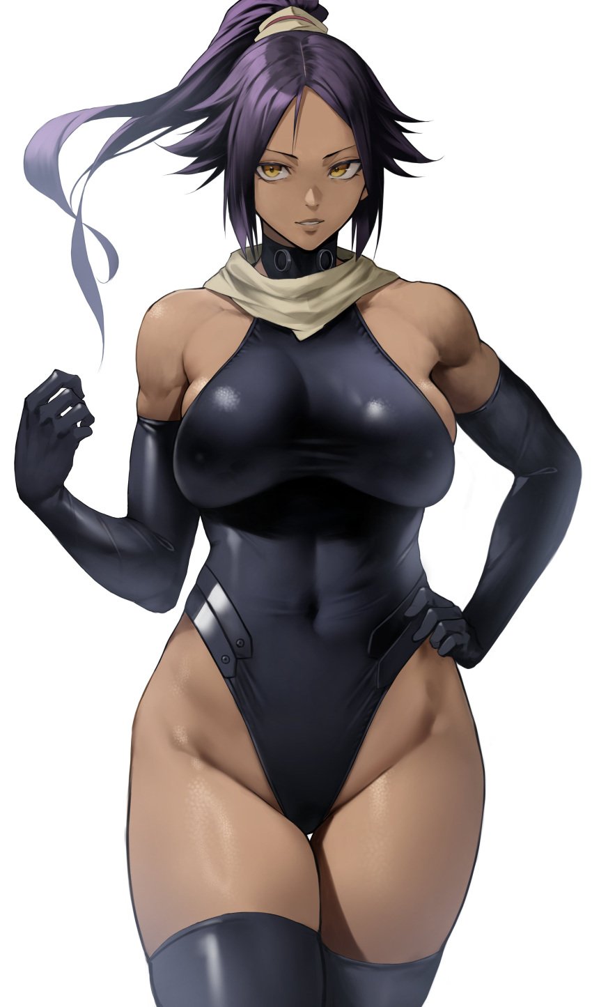 1girls absurdres bare_shoulders black_gloves black_hair black_leotard black_thighhighs bleach breasts covered_navel dark-skinned_female dark_skin elbow_gloves female female_only floating_hair gloves hand_on_hip highleg highleg_leotard highres large_breasts leotard lips parted_lips pony ponytail purple_hair revision shihouin_yoruichi short_hair simple_background solo standing thigh_gap thighhighs thighs thunder_thighs toned white_background yellow_eyes yoshi55level yoshio_(55level)