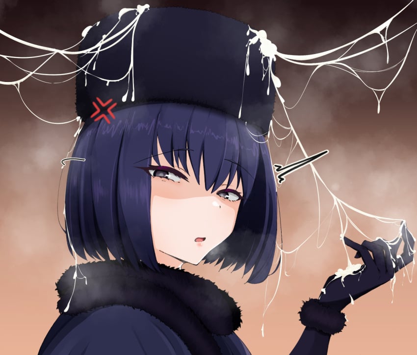 after_ejaculation annoyed black_dress black_eyes black_gloves black_hair black_headwear cum cum_on_clothes cum_on_hair cum_on_hands cum_on_headwear disgust dress excessive_cum female fur_hat gloves hat highres kuonji_alice mahou_tsukai_no_yoru pancaku type-moon