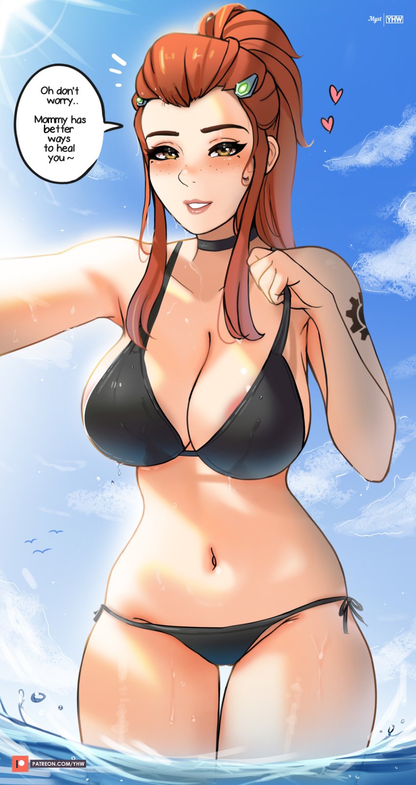 1girls 2d beach belly belly_button bikini blizzard_entertainment brigitte choker english_text female heart light-skinned_female looking_at_viewer mommy mommy_kink myst overwatch pale-skinned_female red_hair seductive smile soft_shading solo solo_female sunlight text text_bubble water wet_body wet_clothes wet_skin yhw