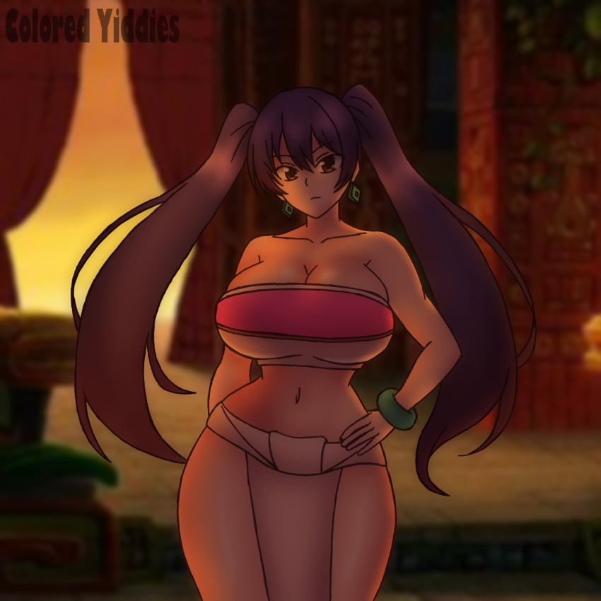 2022 aged_up blue_hair bracelet brown_eyes chel chel_(cosplay) cleavage coloredyiddies cosplay earrings emotionless fairy_tail hand_on_hip huge_breasts loincloth midriff pelvic_curtain self_upload thick_thighs tubetop twintails watermark wendy_marvell wide_hips