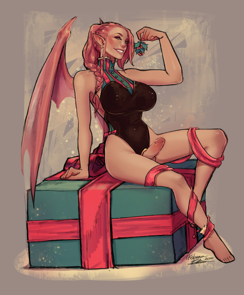 1futa 2021 big_breasts breasts christmas clothed clothing dragon_girl erection full_body futa_only futanari humanoid humanoid_penis ikebanakatsu latex leotard light-skinned_futanari light_skin long_hair medium_hair mistletoe partially_clothed penis pink_hair pinup present sitting solo wings