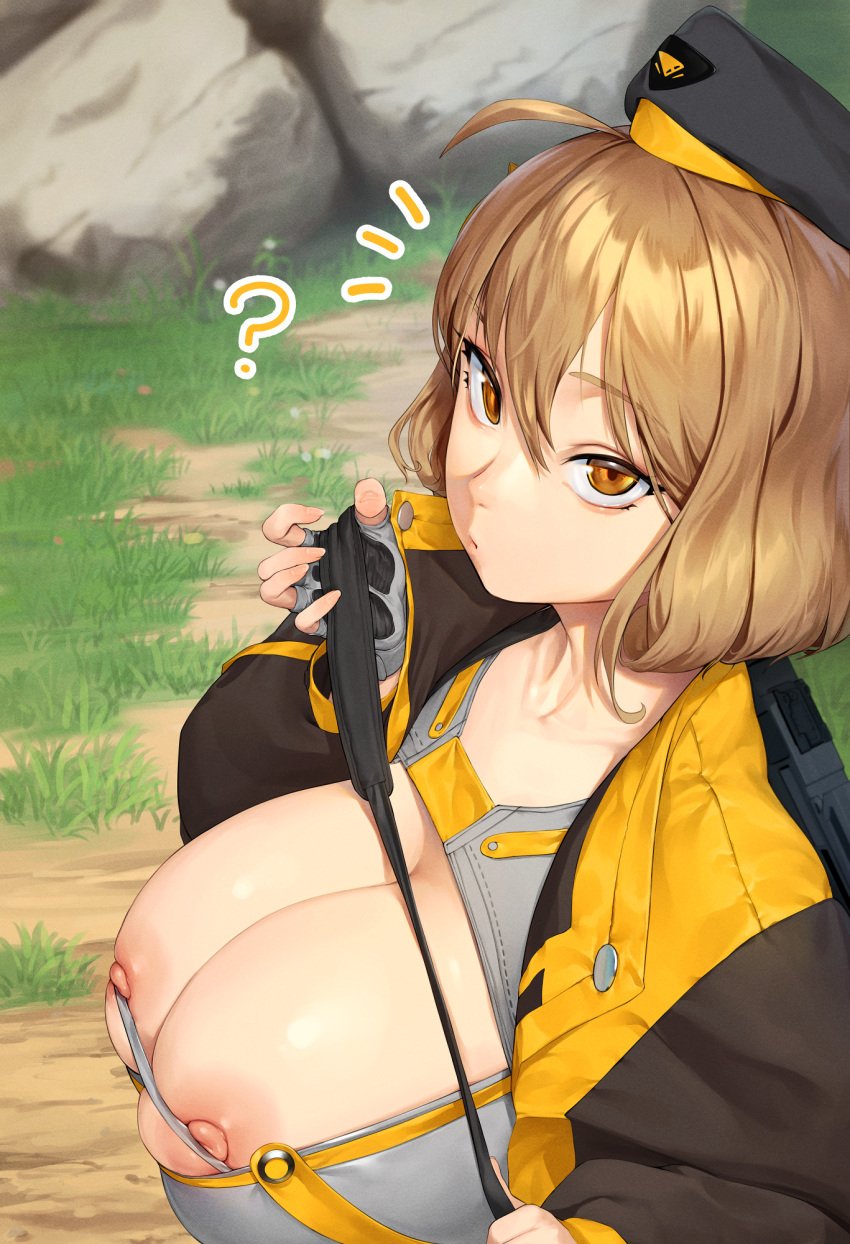 1girls ? anis_(nikke) areola areolae beeeeen big_breasts bursting_breasts commander_(nikke) confused down_blouse exposed_nipples female_only fully_clothed goddess_of_victory:_nikke looking_at_viewer nipple_slip nipples no_bra outdoors outside question_mark short_hair solo visible_nipples