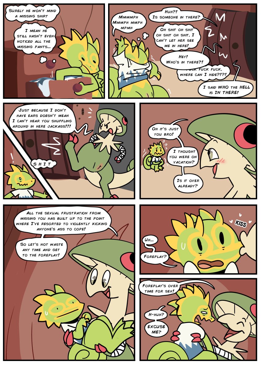 absurd_res anthro breloom clothing comic dialogue duo female feral generation_3_pokemon genitals hi_res incest_play kec_(skyelu) kecleon kissing male male/female nervous nintendo not_a_furfag pokemon pokemon_(species) pussy roxie_looms scared shirt slit speech_bubble text topwear video_games