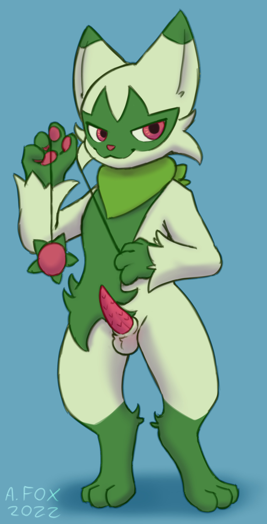 absurd_res anthro floragato fur genitals green_body green_fur hi_res leaked_pokemon male male_only mr.albafox nintendo penile_spines penis pokemon pokemon_sv solo video_games