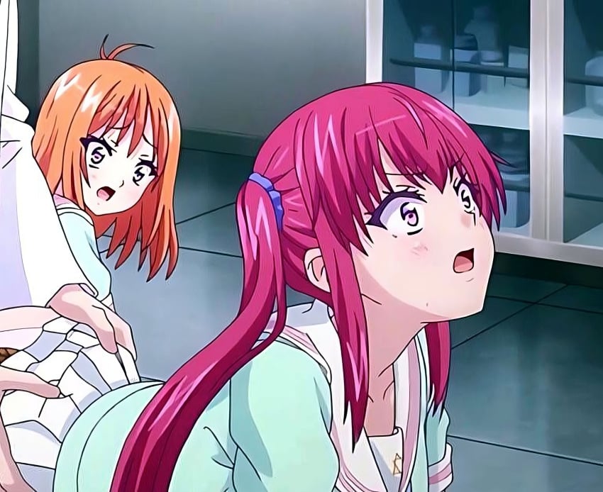 2girls ass blushing doggy_style from_behind grabbing hanime.tv hentai multiple_girls nur red_hair shinchishin upscaled