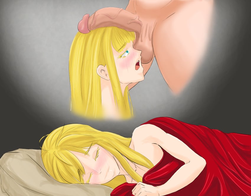 1boy 2boys blonde_hair blue_eyes blush canute dreaming femboy femboysub girly hibikiale huge_balls huge_cock male male_only nude parted_lips penis sissy sleeping thick_lips trap vinland_saga yaoi